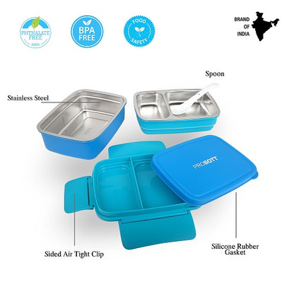 PROBOTT Double Decker 1300ml Stainless Steel Lunch Box, 2 Layers with 3 Grid, 1 Spoon Tiffin Box, Lid Made with Heavy Quality PP Material Perfect for School, Office Use | Sky Blue