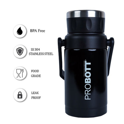 Probott Handy 1100ml Stainless Steel Hot & Cold Water Bottle, Vacuum Insulated Flask Bottles, Black