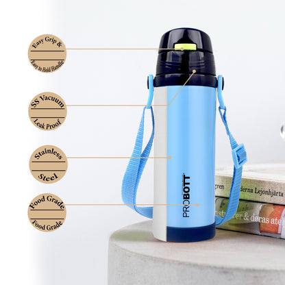 Probott Tom 350ml Hot & Cold Vacuum Insulated Flask Sipper Bottle with Straw & Strap for Kids, Blue