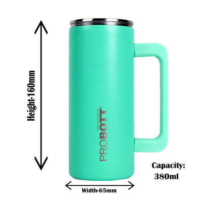 Probott Brew 380ml Travel Mug with Handle, Wide Mouth Tumbler, Green, Thermosteel Vacuum Insulated Thermos Flask | Hot and Cold