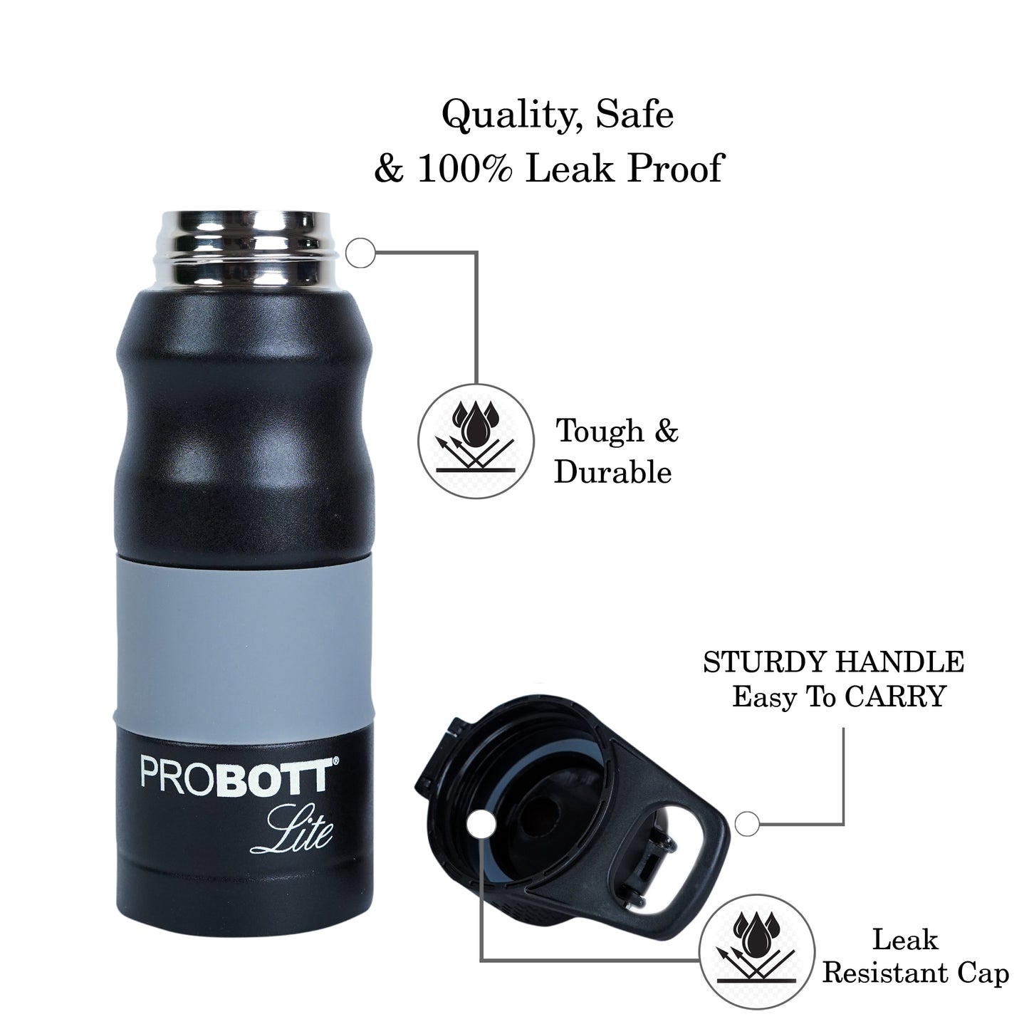 PROBOTT LITE Bliss 850ml Single Walled Stainless Steel Water Bottle, Black