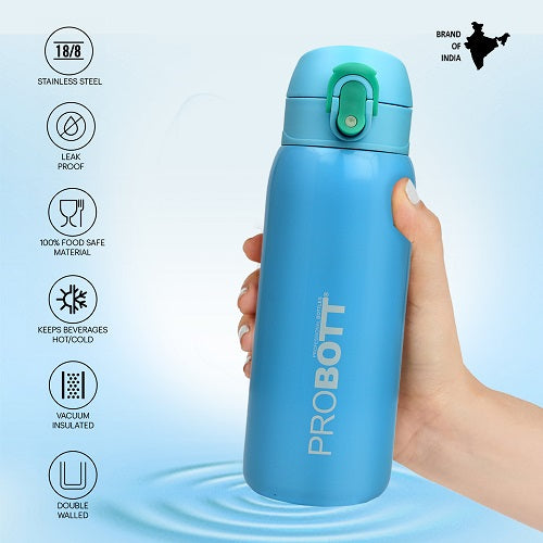 Probott Little 390ml Thermoses Vacuum Insulated Flask, Stainless Steel Water Bottle for Kids, Light Blue | One-Click-Open Leak-Proof Locking Flip Lid