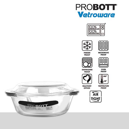 PROBOTT Vetroware Borosilicate Glass Casserole for Roti Chapati Rice, Curry Serve Deep Round Oven And Microwave Safe Serving Bowl With Glass Lid PV Classic Casserole_2Ltr