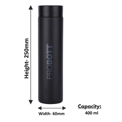 PROBOTT Compact 400ml Thermosteel Vacuum Flask, Stainless Steel Water Bottle - Black