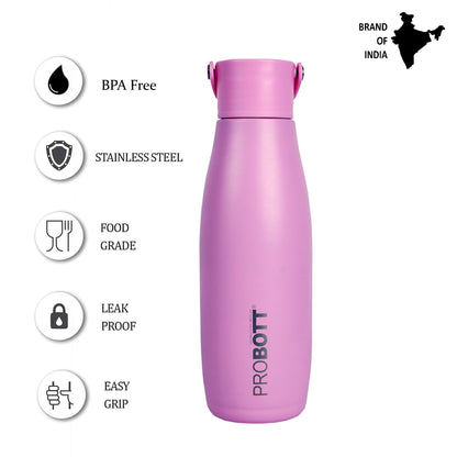 Probott Trendy 480ml Stainless Steel Water Bottles, Vacuum Insulated Flask Bottles, Pink | Hot and Cold | Easy to Carry | Leak Proof