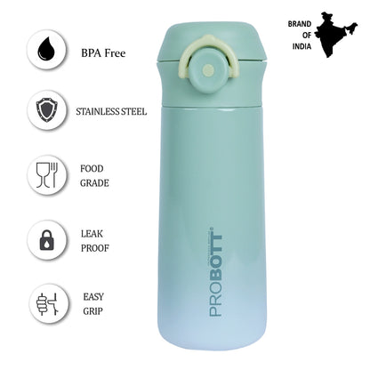 PROBOTT Swiss 420ml Stainless Steel Double Wall Vacuum Flask for 3-5 Yrs Kids | Hot and Cold Water Bottle, Green