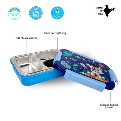 PROBOTT Lunch On 710ml Stainless Steel Lunch Box, 3 Grid Tiffin Box, Character Lid Made with Heavy Quality PP Material Perfect for School, Office Use | Dark Blue+Sky Blue