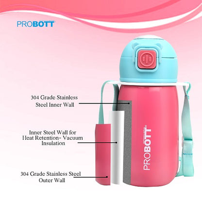 Probott Cutie 320ml Stainless Steel Hot & Cold Sipper Water Bottle for Kids, Pink| Double Walled Vacuum Flask |Push Button With Locking System