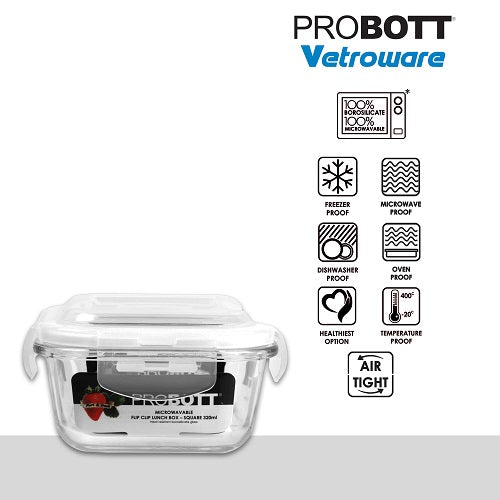 PROBOTT Vetroware Borosilicate Flip Clip Lunch Box Square Shape Set with Standing Bag, 320ml+320ml, 2-Pieces, Transparent PV 222-SS_Grey Bag