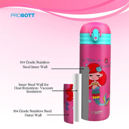 Probott Dazzle 400ml Stainless Steel Hot & Cold Sipper Water Bottle for Kids, Pink | Double Walled Vacuum Flask |Push Button With Locking System