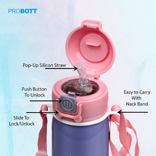 Probott Cutie 320ml Stainless Steel Hot & Cold Sipper Water Bottle for Kids, Purple| Double Walled Vacuum Flask |Push Button With Locking System