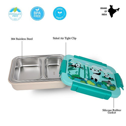 PROBOTT Lunch On 750ml Stainless Steel Lunch Box, 2 Grid Tiffin Box, Character Lid Made with Heavy Quality PP Material Perfect for School, Office Use | Aqua Blue+Cream