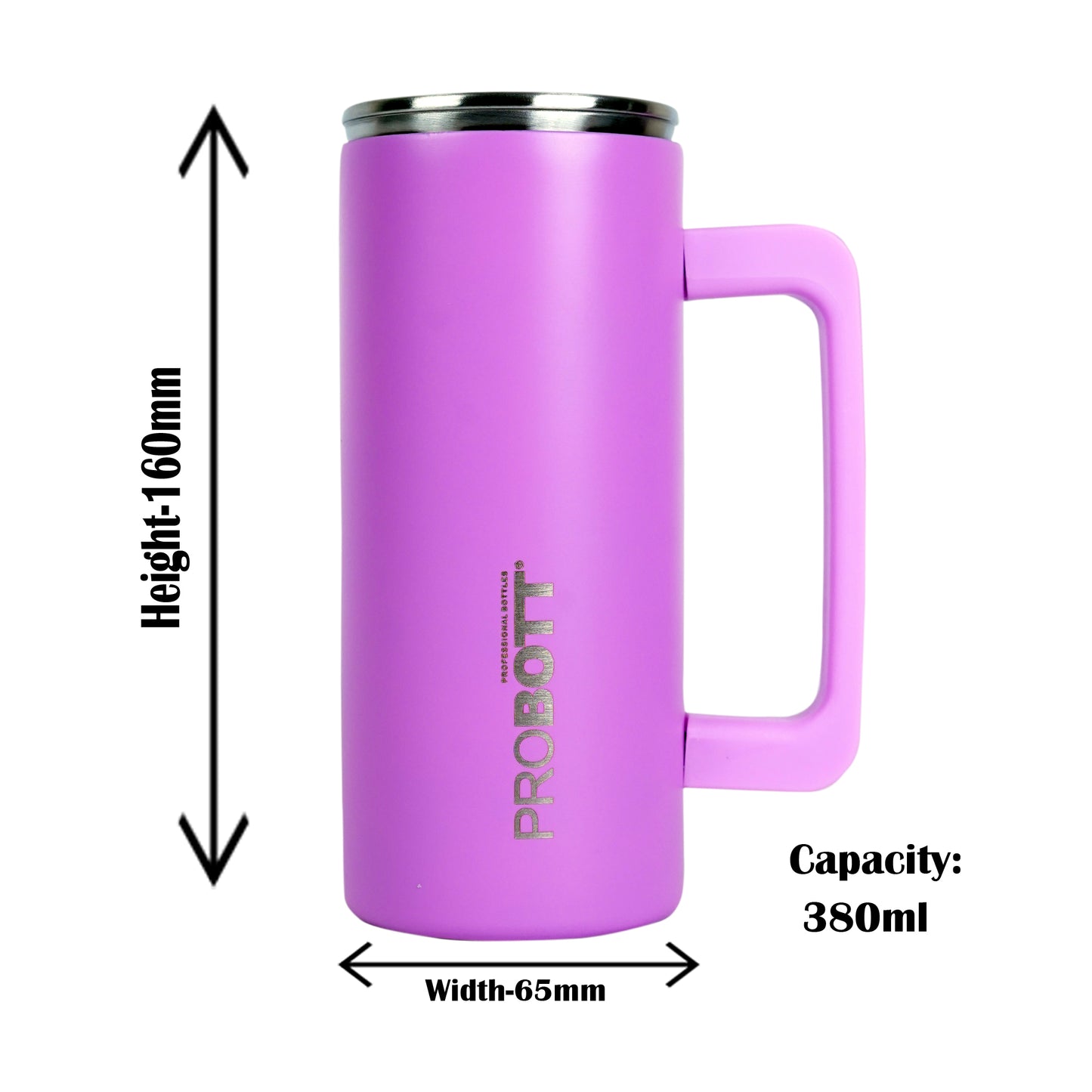 Probott Brew 380ml Travel Mug with Handle, Wide Mouth Tumbler, Pink Thermosteel Vacuum Insulated Thermos Flask | Hot and Cold