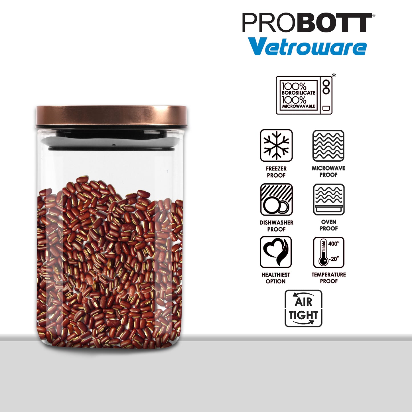 PROBOTT Vetroware 1100ml Glass Square Jar Container with Metal Golden Color Air Tight Cap