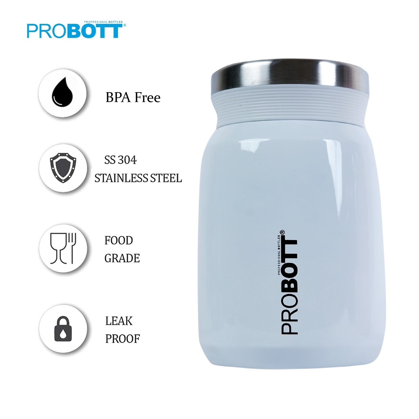 PROBOTT Gourmet 300 ml Vacuum Insulated Flask Jar, White | Soup Flask | Dal Flask | Sambar Flask | Thermos | Long Hours Hot and Cold