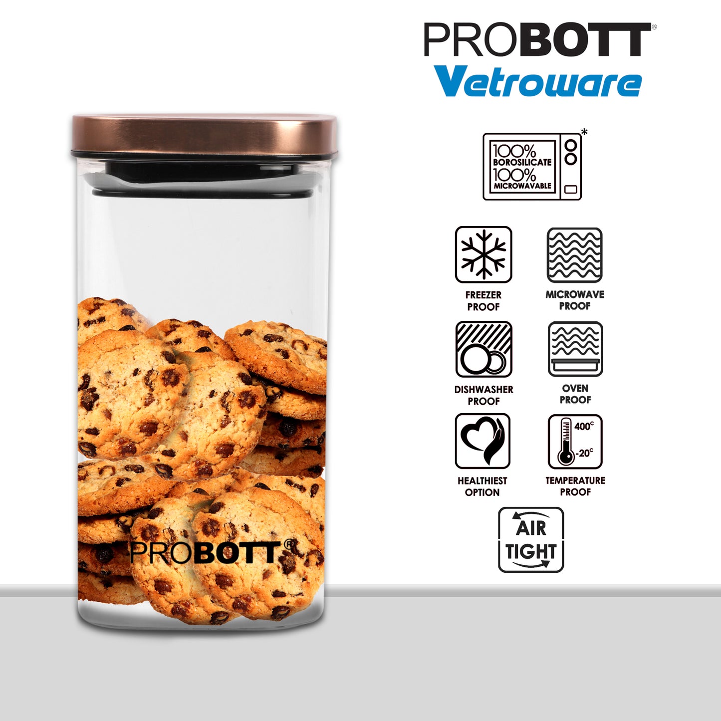 PROBOTT Vetroware 1400ml Glass Square Jar Container with Metal Golden Color Air Tight Cap