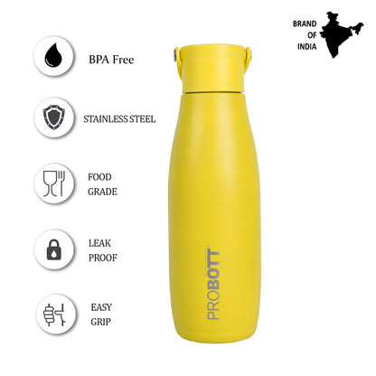 Probott Trendy 480ml Stainless Steel Water Bottles, Vacuum Insulated Flask Bottles, Yellow | Hot and Cold | Easy to Carry | Leak Proof