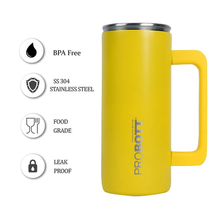 Probott Brew 380ml Travel Mug with Handle, Wide Mouth Tumbler, Yellow, Thermosteel Vacuum Insulated Thermos Flask | Hot and Cold