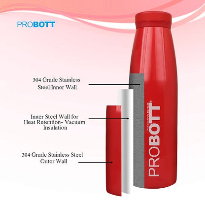 Probott Aquatic 750ml Vacuum Insulated Flask Bottle, Stainless Steel Hot and Cold Water Bottles, Red