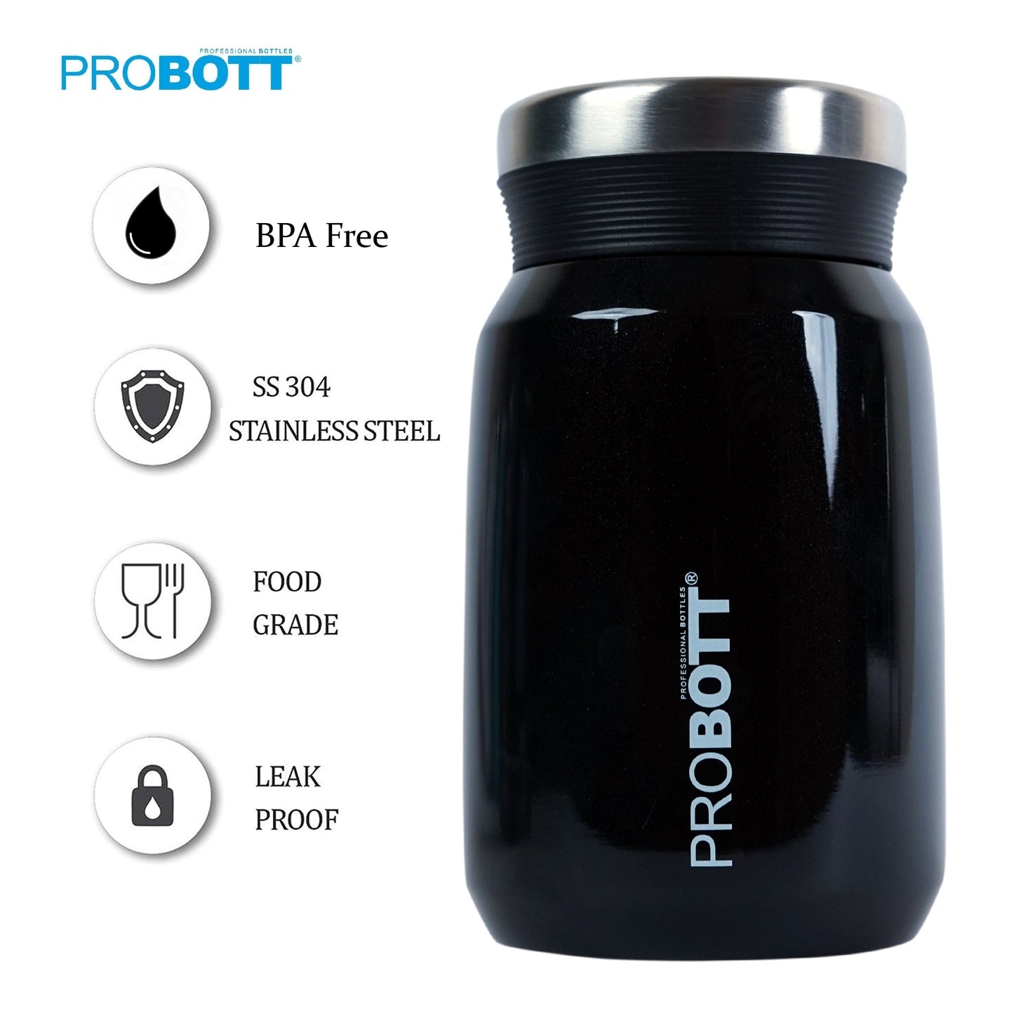 PROBOTT Gourmet 500 ml Vacuum Insulated Flask Jar, Black | Soup Flask | Dal Flask | Sambar Flask | Thermos | Long Hours Hot and Cold