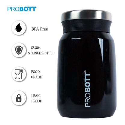 PROBOTT Gourmet 500 ml Vacuum Insulated Flask Jar, Black | Soup Flask | Dal Flask | Sambar Flask | Thermos | Long Hours Hot and Cold