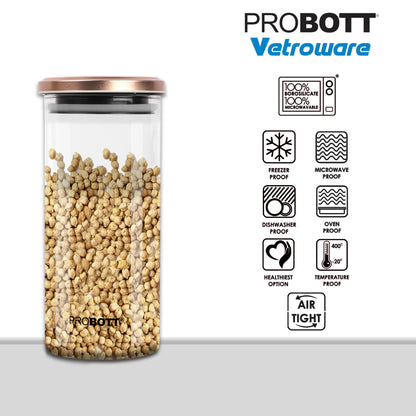 PROBOTT Vetroware 1300ml Glass Round Jar Container with Metal Golden Color Air Tight Cap