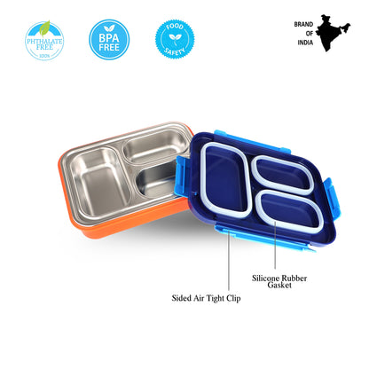 PROBOTT Lunch On 710 ml Stainless Steel Lunch Box, 3 Grid Tiffin Box, Character Lid PP Material Perfect for School, Office, Travel, Picnic | Blue+Orange