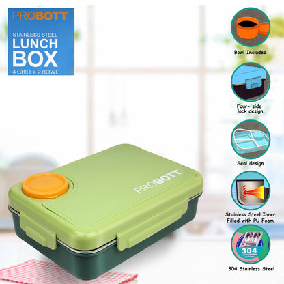 PROBOTT Fun Time 900ml Stainless Steel Lunch Box, 4 Grid with 2 Bowl Tiffin Box, Perfect for School, Office Use | Green