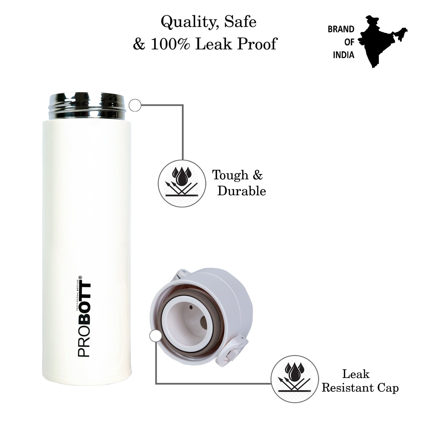 Probott Gliter 300 ml Travel Flask, White | Thermoses Hot or Cold Vacuum Insulated Stainless Steel | Flip Top Cap