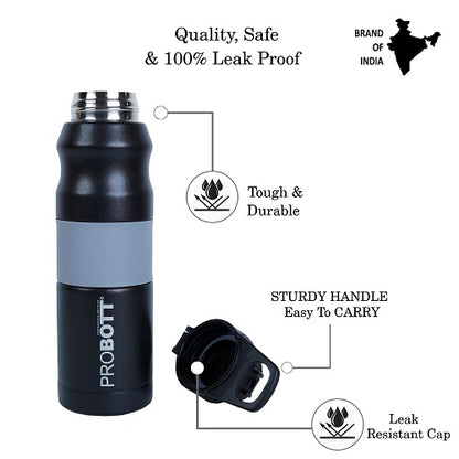 Probott Bloom 680ml Vacuum Insulated Flask Bottle, Stainless Steel Hot and Cold Water Bottles, Black