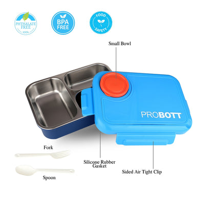 PROBOTT Fun Time 750ml Stainless Steel Lunch Box, 3 Grid with 1 Bowl Tiffin Box, Perfect for School, Office Use | Blue