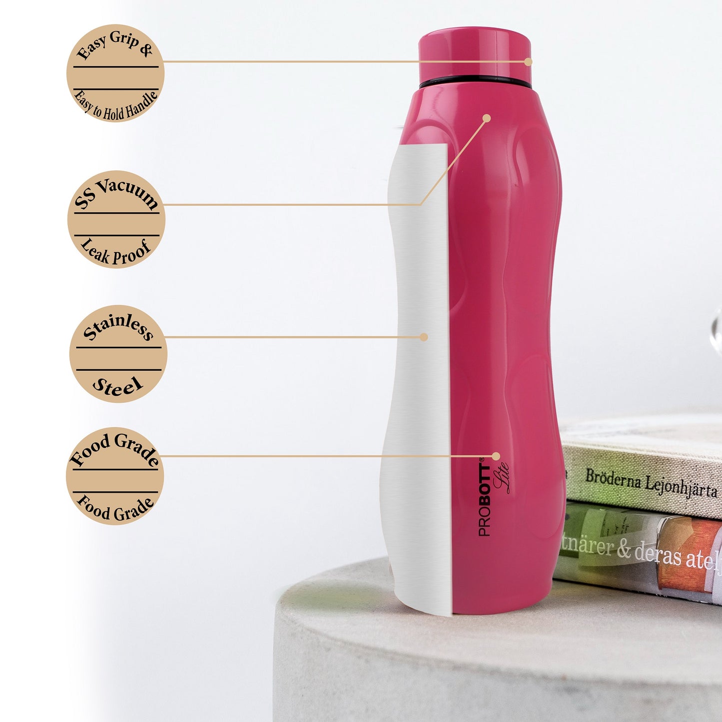 PROBOTT LITE Ocean 950ml Single Wall Stainless Steel Water Bottle Without Vacuum Tech, Pink