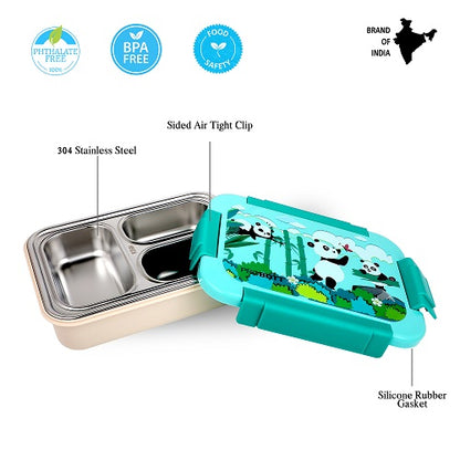 PROBOTT Lunch On 710ml Stainless Steel Lunch Box, 3 Grid Tiffin Box, Character Lid Made with Heavy Quality PP Material Perfect for School, Office Use | Aqua Blue+Cream