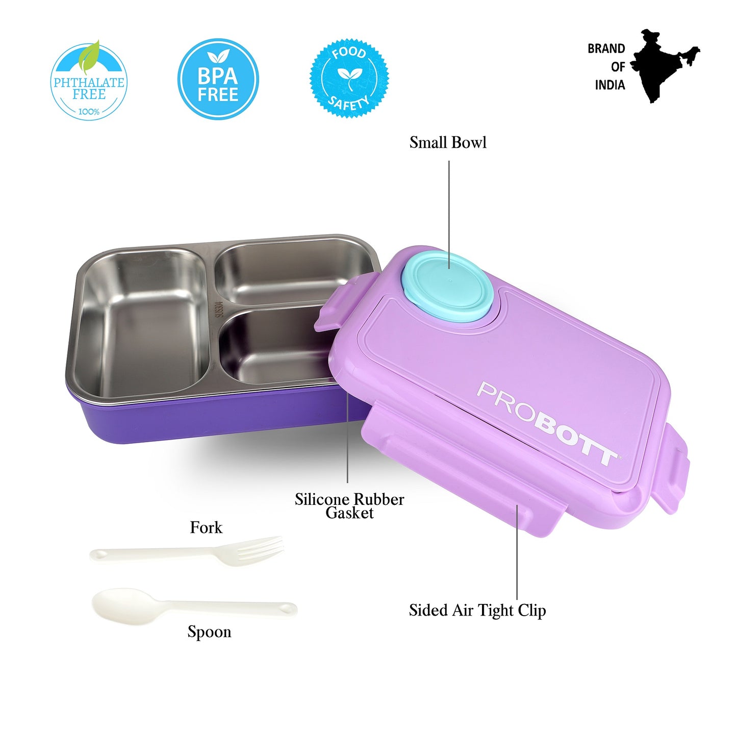 PROBOTT Fun Time 750ml Stainless Steel Lunch Box, 3 Grid with 1 Bowl Tiffin Box, Perfect for School, Office Use | Purple