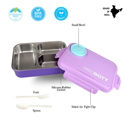 PROBOTT Fun Time 750ml Stainless Steel Lunch Box, 3 Grid with 1 Bowl Tiffin Box, Perfect for School, Office Use | Purple