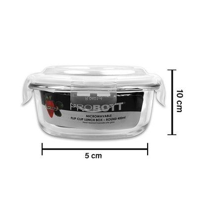 PROBOTT Vetroware Borosilicate Flip Clip Lunch Box Round Shape Set with Standing Bag, 400ml+400ml, 2-Pieces, Transparent PV 222-RS_Blue Bag