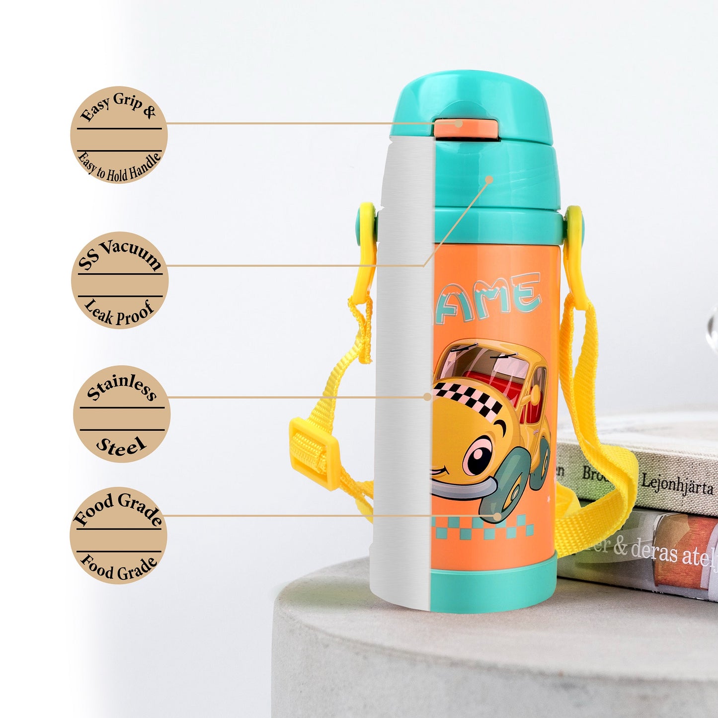 Probott Jerry 350ml Water Bottle with Straw for 3-5 yrs Old Kids | Stainless Steel Hot & Cold Sipper Bottle for Kid, Orange