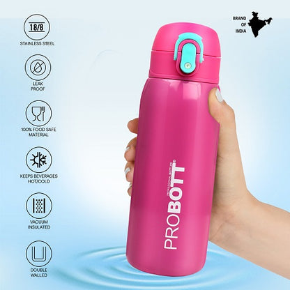 Probott Little 390ml Thermoses Vacuum Insulated Flask, Stainless Steel Water Bottle for Kids, Pink | One-Click-Open Leak-Proof Locking Flip Lid