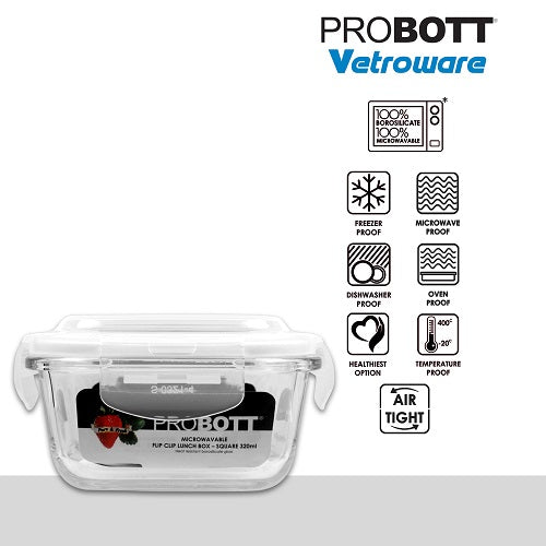 PROBOTT Vetroware Borosilicate Flip Clip Lunch Box Square Shape Set with Flat Bag, 320ml+320ml, 2-Pieces, Transparent PV 222-SF_Black Bag