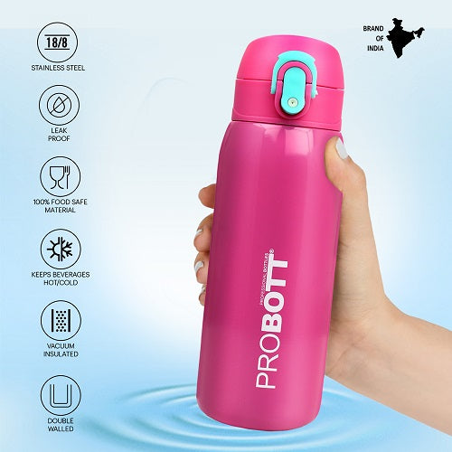 Probott Little 230ml Thermoses Vacuum Insulated Flask, Stainless Steel Water Bottle for Kids, Pink | One-Click-Open Leak-Proof Locking Flip Lid