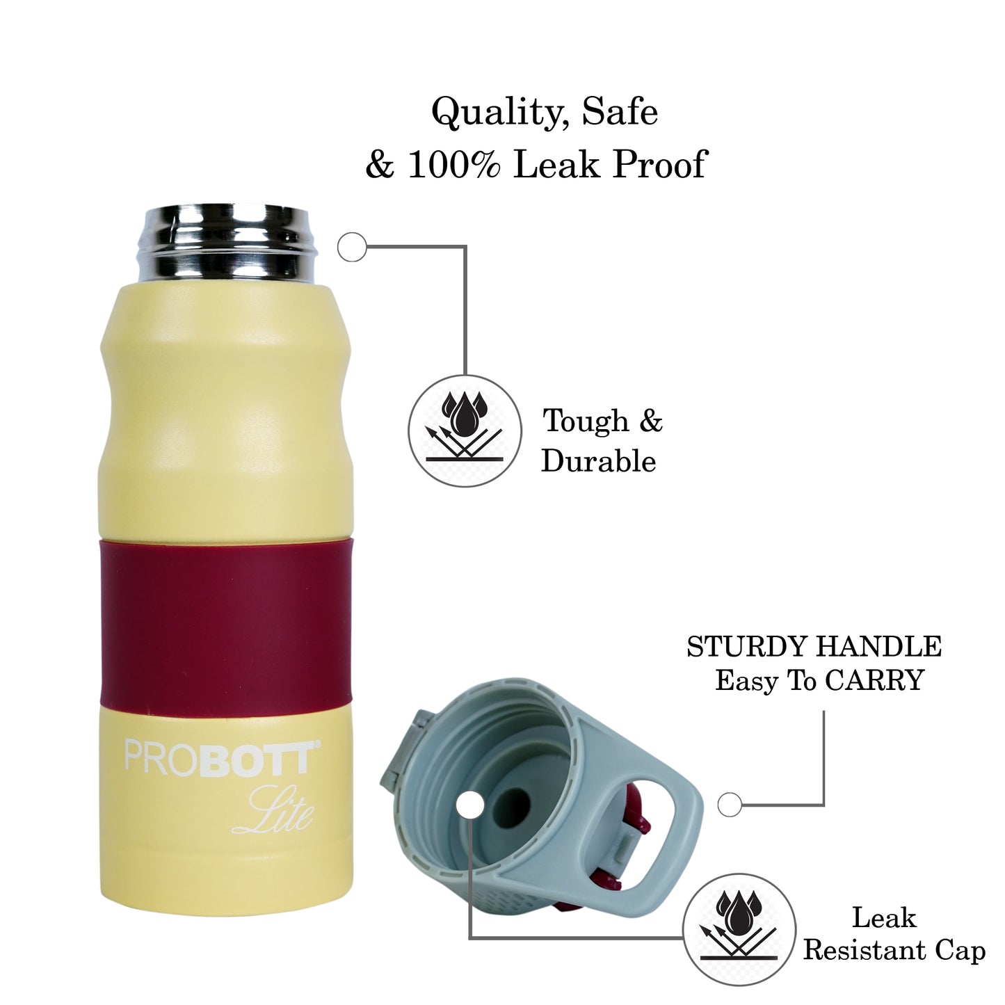 PROBOTT LITE Bliss 850ml Single Walled Stainless Steel Water Bottle, Yellow