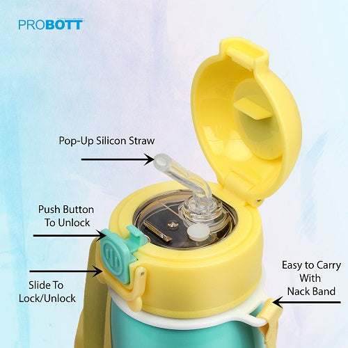 Probott Cutie 320ml Stainless Steel Hot & Cold Sipper Water Bottle for Kids, Aqua Green| Double Walled Vacuum Flask |Push Button With Locking System