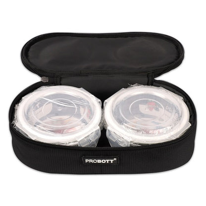 PROBOTT Vetroware Borosilicate Flip Clip Lunch Box Round Shape Set with Flat Bag, 400ml+400ml, 2-Pieces, Transparent PV 222-RF_Black Bag