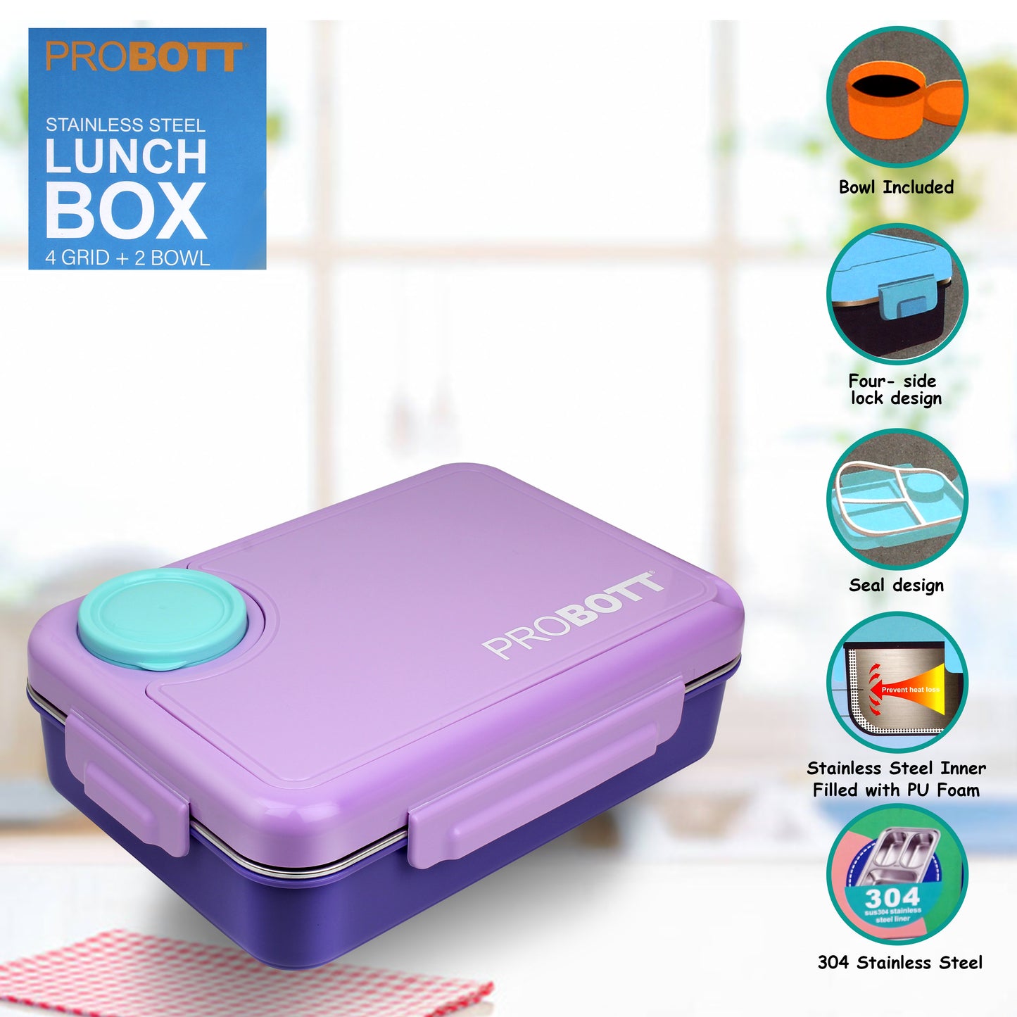 PROBOTT Fun Time 900ml Stainless Steel Lunch Box, 4 Grid with 2 Bowl Tiffin Box, Perfect for School, Office Use | Purple