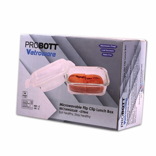 PROBOTT Vetroware Borosilicate Flip Clip Lunch Box Rectangular Shape, 370ml, 1-Pieces, Transparent PV 111-RQ