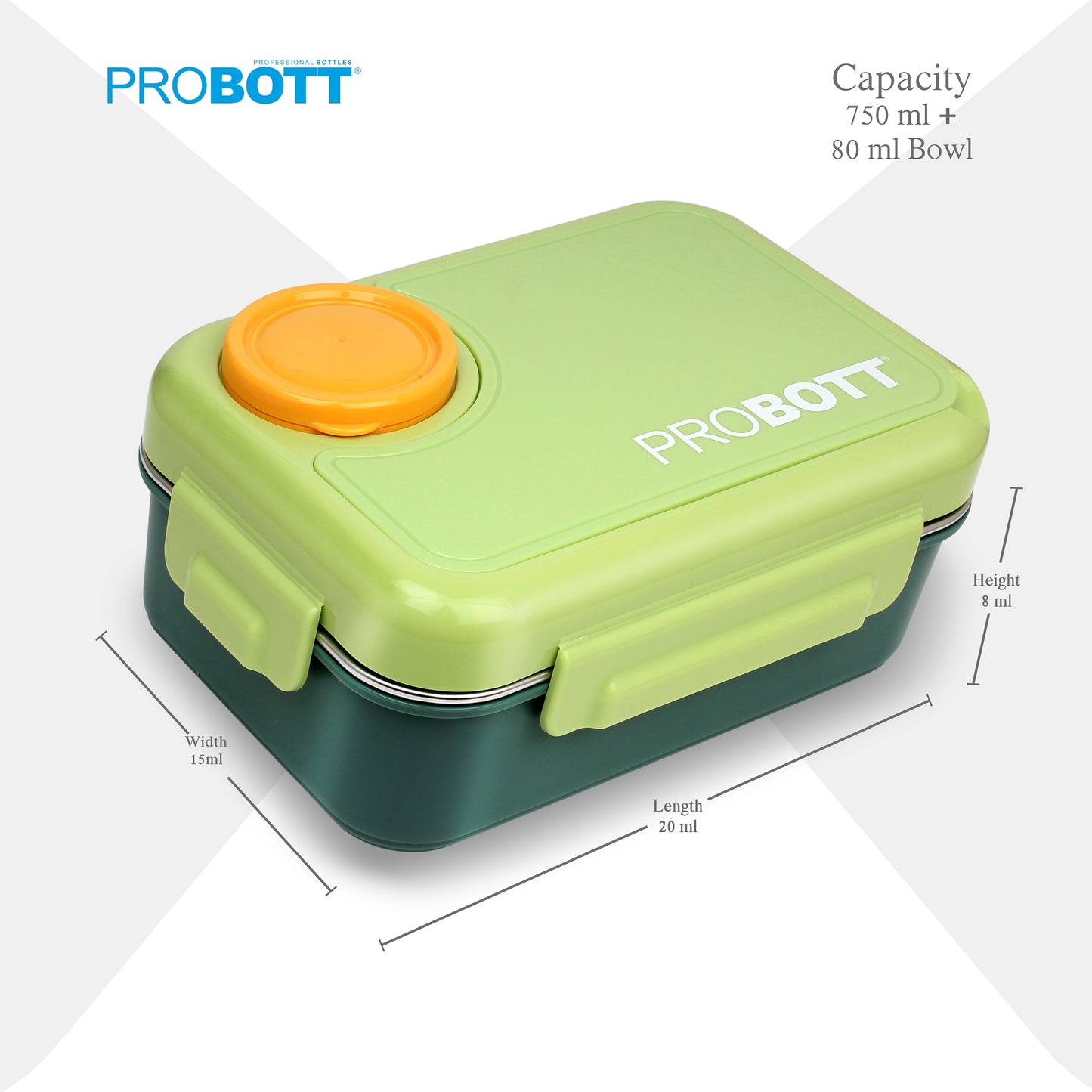 PROBOTT Fun Time 750ml Stainless Steel Lunch Box, 3 Grid with 1 Bowl Tiffin Box, Perfect for School, Office Use | Green