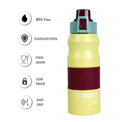 PROBOTT LITE Bliss 850ml Single Walled Stainless Steel Water Bottle, Yellow