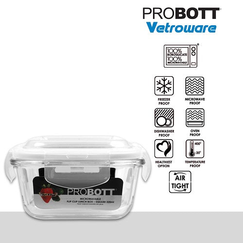 PROBOTT Vetroware Borosilicate Flip Clip Lunch Box Square Shape Set with Standing Bag, 320ml+320ml+320ml, 3-Pieces, Transparent PV 333-S_Black Bag