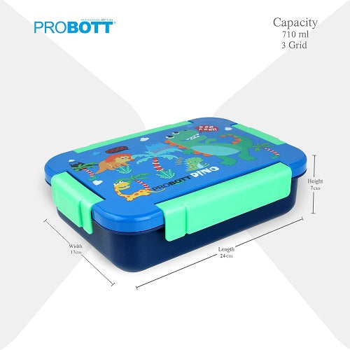 PROBOTT Lunch On 710ml Stainless Steel Lunch Box, 3 Grid Tiffin Box, Character Lid Made with Heavy Quality PP Material Perfect for School, Office Use | Blue+Dark Blue