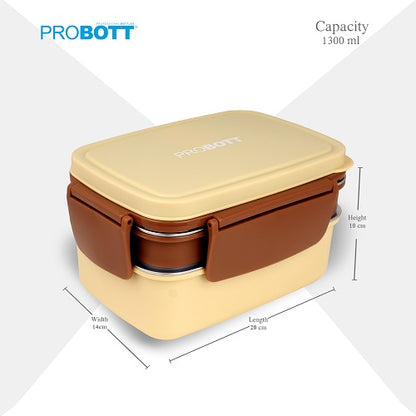 PROBOTT Double Decker 1300ml Stainless Steel Lunch Box, 2 Layers with 3 Grid, 1 Spoon Tiffin Box, Lid Made with Heavy Quality PP Material Perfect for School, Office Use | Cream